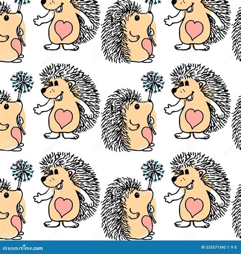 Seamless Pattern Hand Drawn Cute Funny Hedgehogs With Dandelions For