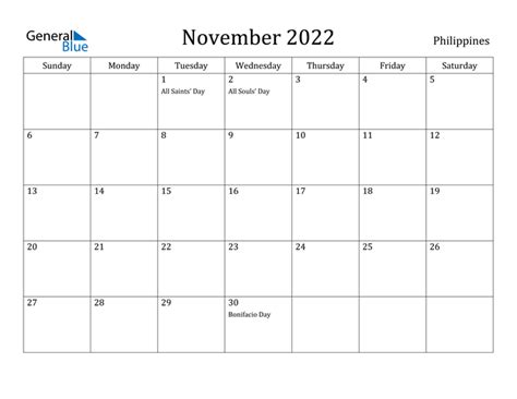 Philippines November 2022 Calendar With Holidays