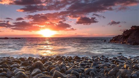 Wallpaper Sunlight Sunset Sea Bay Rock Shore Sand Sky Stones Clouds Beach Sunrise