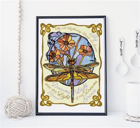 Dragonfly Art Nouveau Print Wall Art Dragonfly And Flowers Etsy