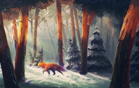 Anime Fox Tree Animal Sunshine Forest Snow Winter Wallpapers Hd