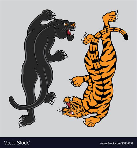 Traditional Tattoo Black Panther And Tiger Vector Image