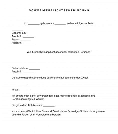 Die mich behandelnde ärztin / den mich behandelnden arzt Schweigepflichtsentbindung - Muster, Vorlage Word PDF