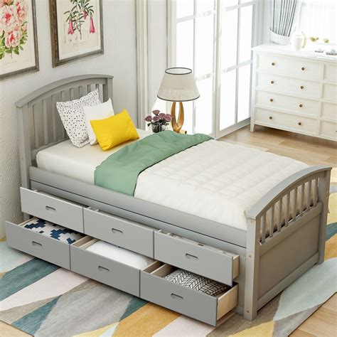The bed offers storage options with four convenient drawers in the base. SENTERN Twin Size Platform Storage Captain Bed Solid Wood ...