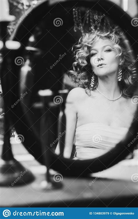 Reflection Of Beautiful Woman In The Mirror BW Shot Stock Image Image Of Looking Fashion