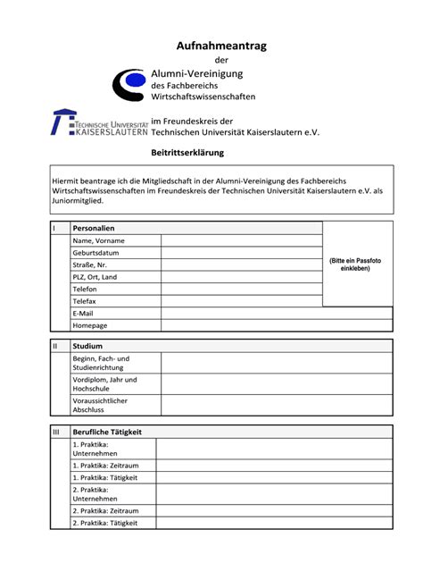 Ausfüllbar Online wiwi uni kl Aufnahmeantrag der Alumni Vereinigung der