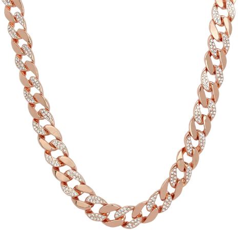 Rose Gold Plated Cuban Half Cz Chain Necklace 15mm 30 Inches