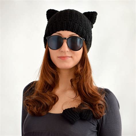 Hand Knitted Black Cat Hat Knit Cat Ear Hat Or Cat Beanie Etsy