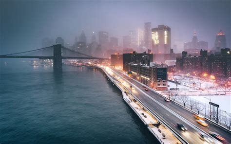 Download Wallpapers New York Evening Winter Snow City Lights Usa