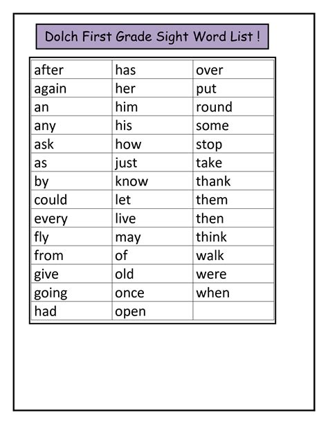 List Of First Grade Sight Words