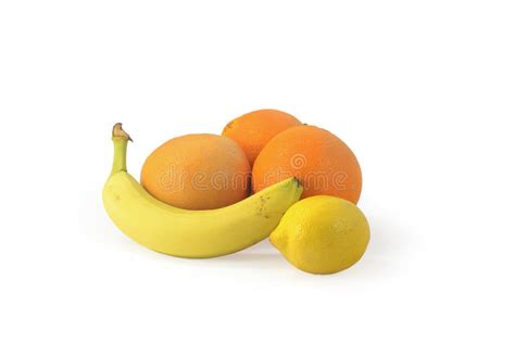 Natural Banana Lemon Grapefruit Orange On White Background Stock