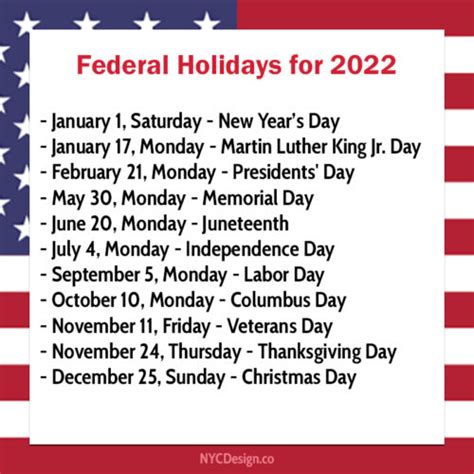 Dates Of Federal Holidays For 2022 Printable Things