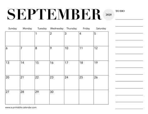 2020 Calendar September A Printable Calendar