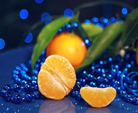 Orange With Leaves Blue Beads Leaves Food Orange Fruits Hd