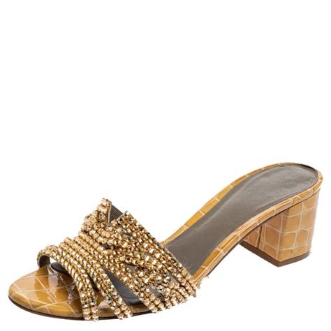Gina Beige Croc Embossed Patent Leather Crystal Embellished Loren Slide Sandals Size 405 Gina
