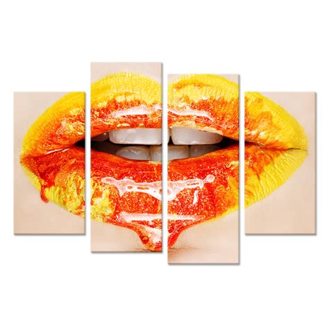 Sexy Lips 4 Panel Canvas Wall Art Luxury Colorful Lips Pictures Contemporary Abstract Paintings