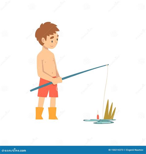 Cute Boy Fishing With Fishing Rod Little Fisherman Cartoon Character