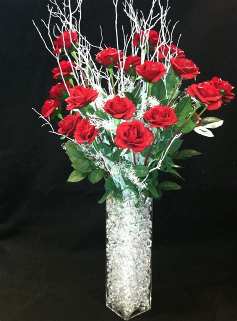 Tall Centerpiece Made Of Real Touch Red Roses And White Branches