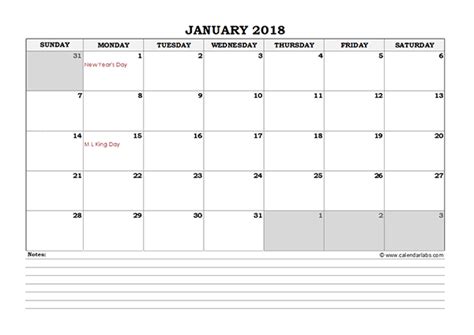 2018 Excel Monthly Calendar With Notes Free Printable Templates