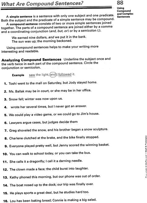 Sentence types compound complex simple worksheet