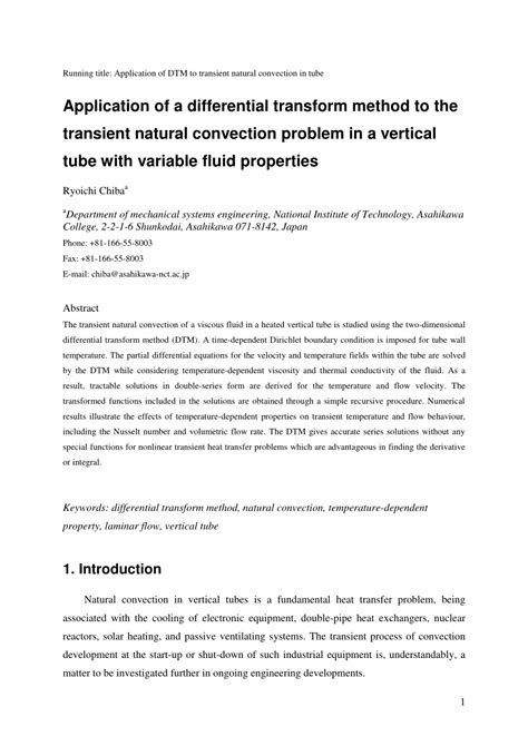 Pdf Application Of A Differential Transform Method To The Transient Natural Convection Problem