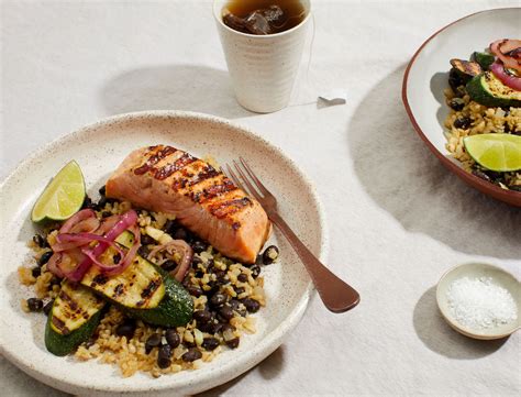 Grilled Mojo Salmon And Veggies With Black Beans And Brown Cauli Rice