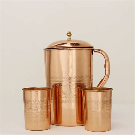 Pure Designer Copper Jug Set With 2 Copper Cups Vriksha Homeware