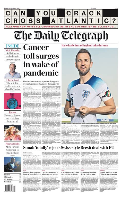 Daily Telegraph Front Page 21st Of November 2022 Tomorrows Papers Today