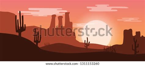 Beautiful Widescreen Red Sunset Desert Landscape Stock Vector Royalty
