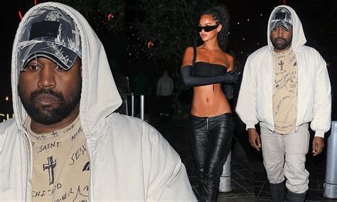 kanye west opts for a low key look while girlfriend juliana nalu displays her taut abs for la dinner