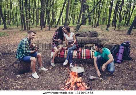 Four Best Friends Camping Girls Gossipping Stock Photo Edit Now