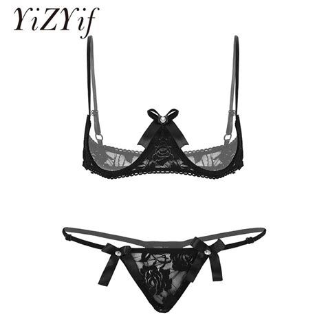 Womens Open Cup Bra Top Sexy Thong Sheer Lace Lingerie Bare Exposed Breasts Underwired Shelf Bra