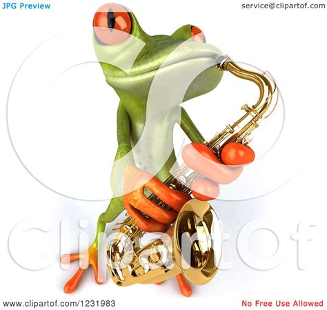 Clipart Of A 3d Green Springer Frog Playing A Saxophone 4 Royalty