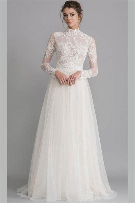 see through high neck wedding gown lace long sleeves tulle skirt loveangeldress