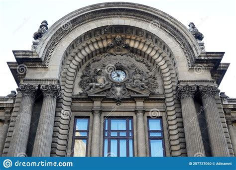Architectural Details of CEC Palace Facade on Calea Victoriei Boulevard