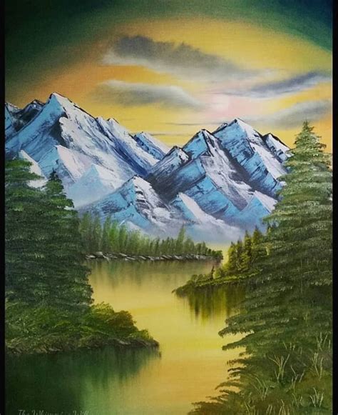 Glowing Mountain River Oil Painting Mountain River Painting Yellow