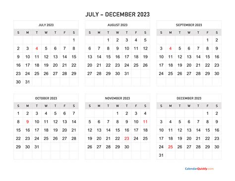 July To December 2023 Calendar Horizontal Calendar Quickly