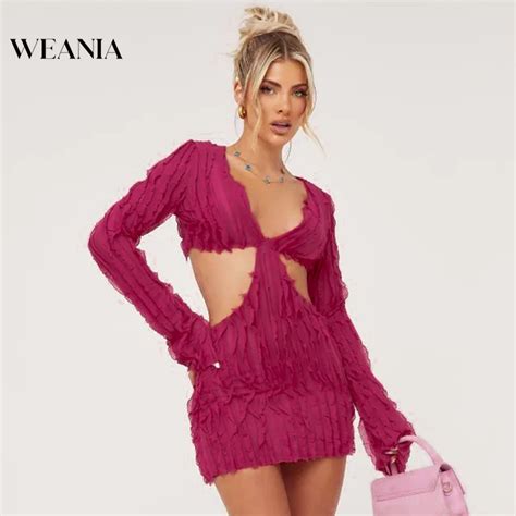 WEANIA Women Sexy V Neck Mesh Ruffle Hollow Out Mini Dress Shopee Philippines