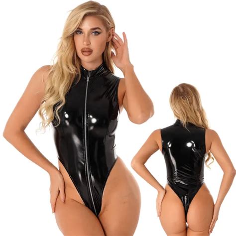 women latex wet look catsuit sexy zip front bodycon club jumpsuit teddy lingerie 15 33 picclick