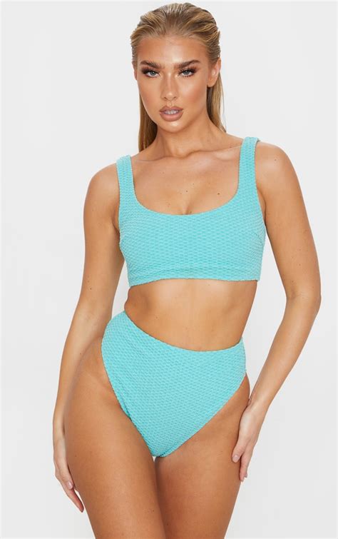 Dusky Turquoise Textured Scoop Neck Bikini Top Prettylittlething