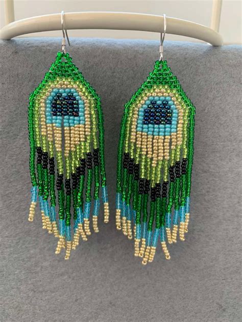 Peacock Beaded Earrings Seed Bead Earrings Peacock Feather Etsy