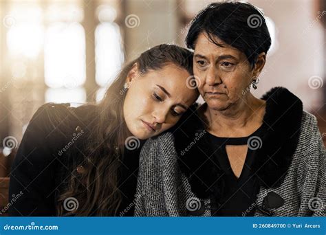 Sad, Empathy and Funeral with Women in Church for Mourning, Grief and