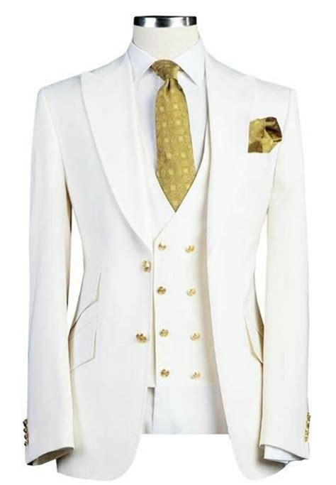 Men White Designer Gold Button Wedding Grooms Dinner Suit Coatvest