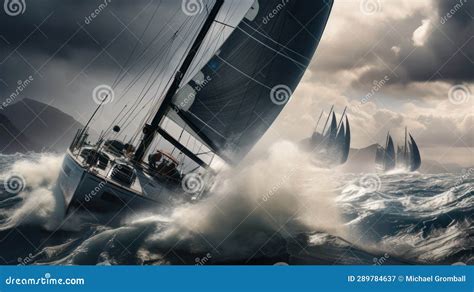 Sailing Yachts Race Over The Ocean In Stormy Weather With Created With