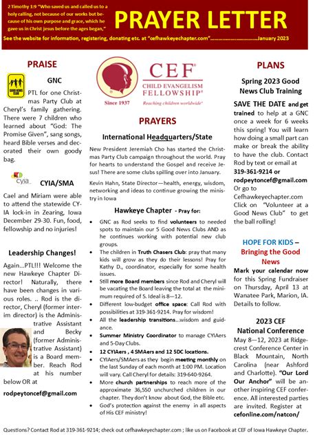 January Prayer Letter Cef Hawkeye Chapter