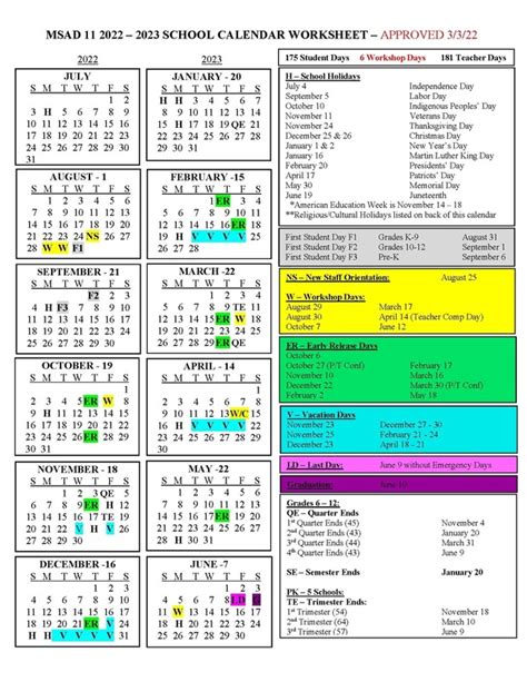 Msad 11 2022 2023 School Calendar Approved March 3 2021 Msad 11
