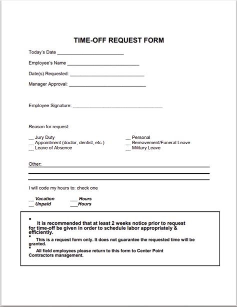 Employee Time Off Request Form Template Time Off Request Form Calendars