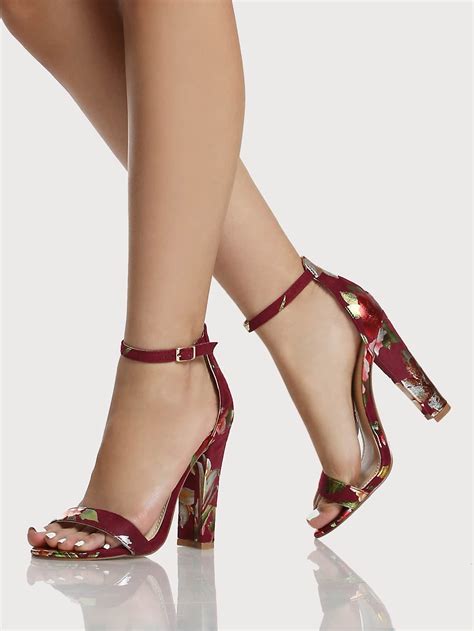 Floral Print Single Band Ankle Strap Heels Wine Makemechic