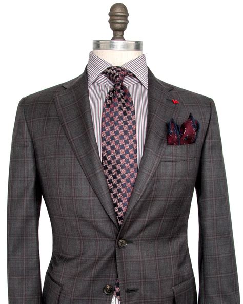 Isaia Grey With Burgundy Windowpane Suit 2 Button Jacket Notch
