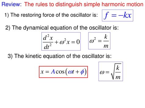 The definition of simple harmonic motion is simply that the acceleration causing the motion a of the particle or object is proportional and in opposition to its displacement substituting equations (5) and (7) into equation (4) we verify that this does indeed satisfy the equation for simple harmonic motion. PPT - The rules to distinguish simple harmonic motion ...